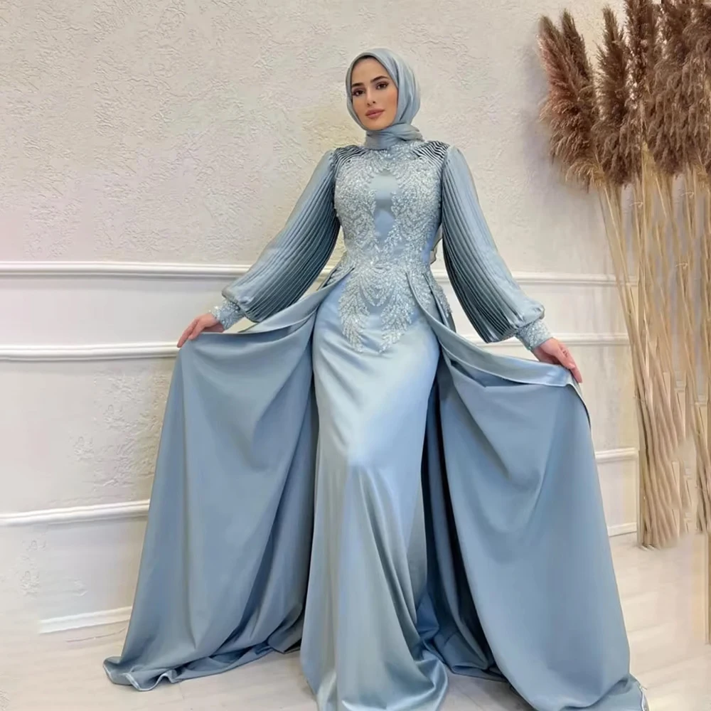 

Muslim Wedding Dresses with Hijab Puff Sleeve High Neck Mermaid Beading Sequined Modest Bridal Gown Customized vestidos de novia