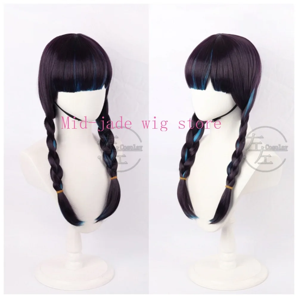 Game Psylocke Oni Hunter Cosplay Wig Twin Braids Purple Synthetic Hair Realistic Scalp