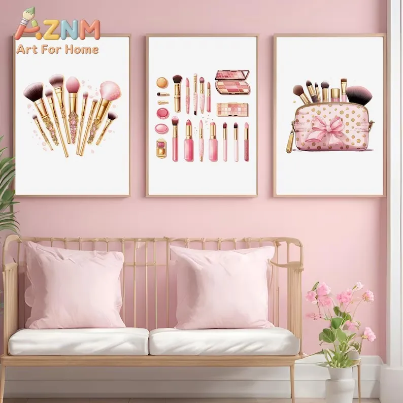 AZNM Pink Fashion Makeup Canvas Wall Art Cosmetics Lipstick Makeup Brushes Handbag High Heels Print Painting for Vanity Girls Be