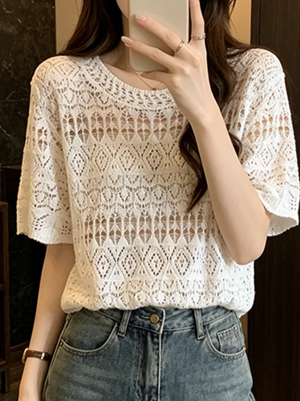 

plus Size Summer New Women's Ice Silk Hollow Knitted Top Slimming Micro Plump Pure Style Short Sleeve Breathable Skin-Friendly