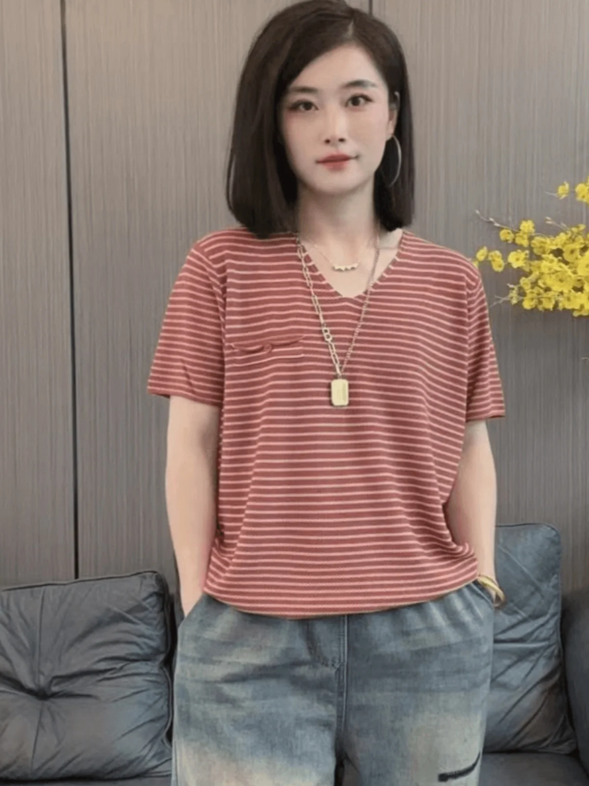 

Женская повседневная свободная футболка больших размеров ort Sve в полоску, летний утягивающий удобный топ, корейский Sle V-Ne, корейская мода