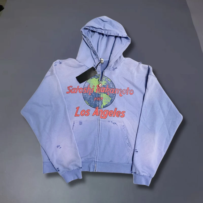 Oversize High Quality Washed Jacket SATOSHI Zippered Hoodie Retro Fading Earth Letter Print Irregular Holes Men Women Outfit