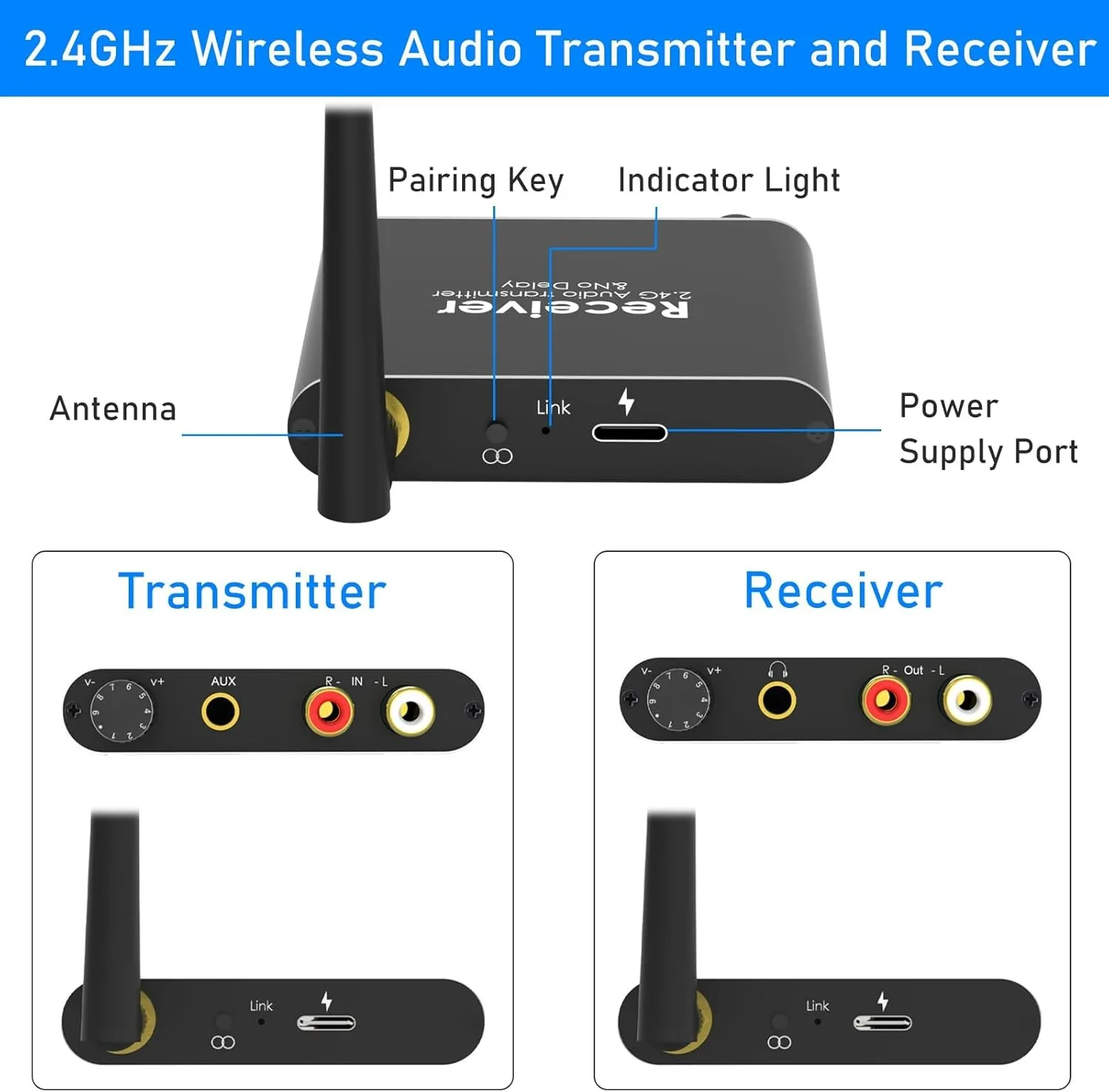 Adaptateur audio sans fil avec contrôle du volume, émetteur-récepteur longue portée, haut-parleur de caisson de basses, R, L ou prise jack 2.4mm, 50m, 3.5 GHz