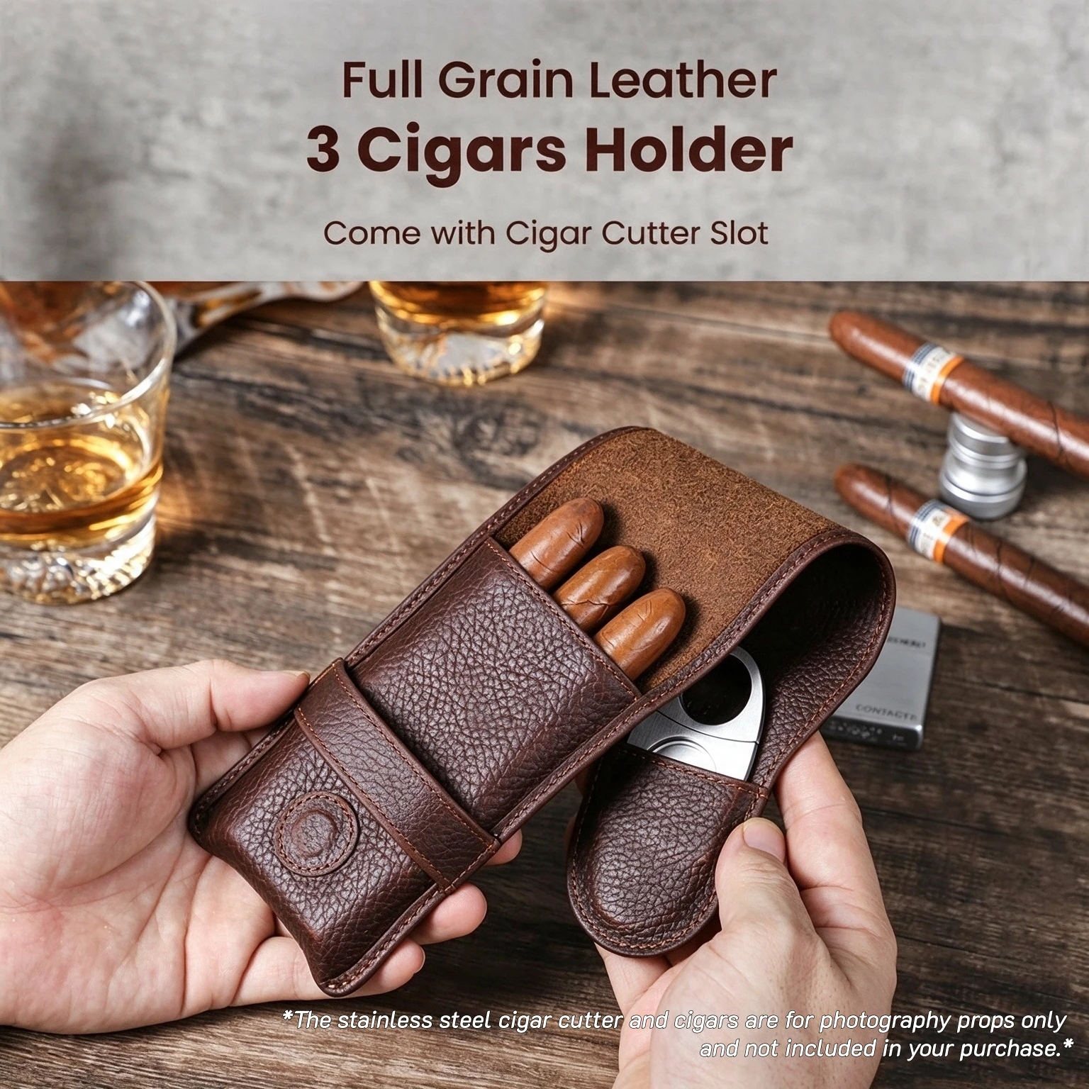 Full Grain Leather Cigar Case Travel 3-Cigar Holder with Cigar Cutter Pocket and Magnetic Closure Handmade Cigar Storage Pouch