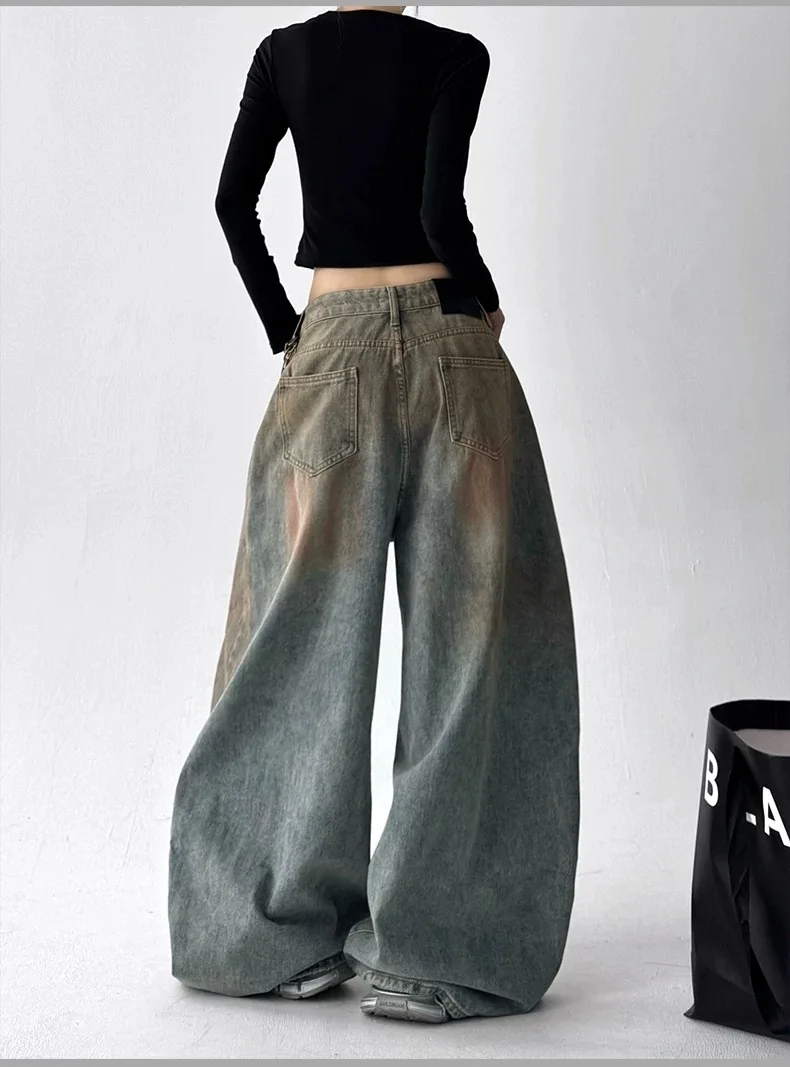 Y2K Vintage Jeans Herbst Winter Distressed Spray Washed Lose Gerade Bein Breite Bein Hosen Mode