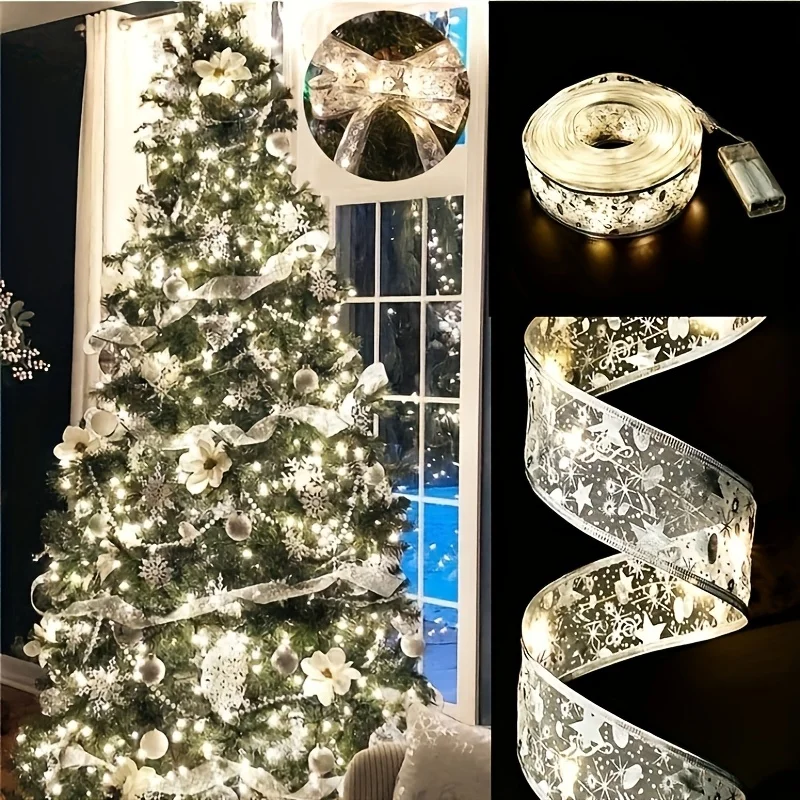 Multi Functional LED Christmas Ribbon Light - Double-Layer Gold Foil, Powered (Aa), Suitable Trees And Parties, Ideal For