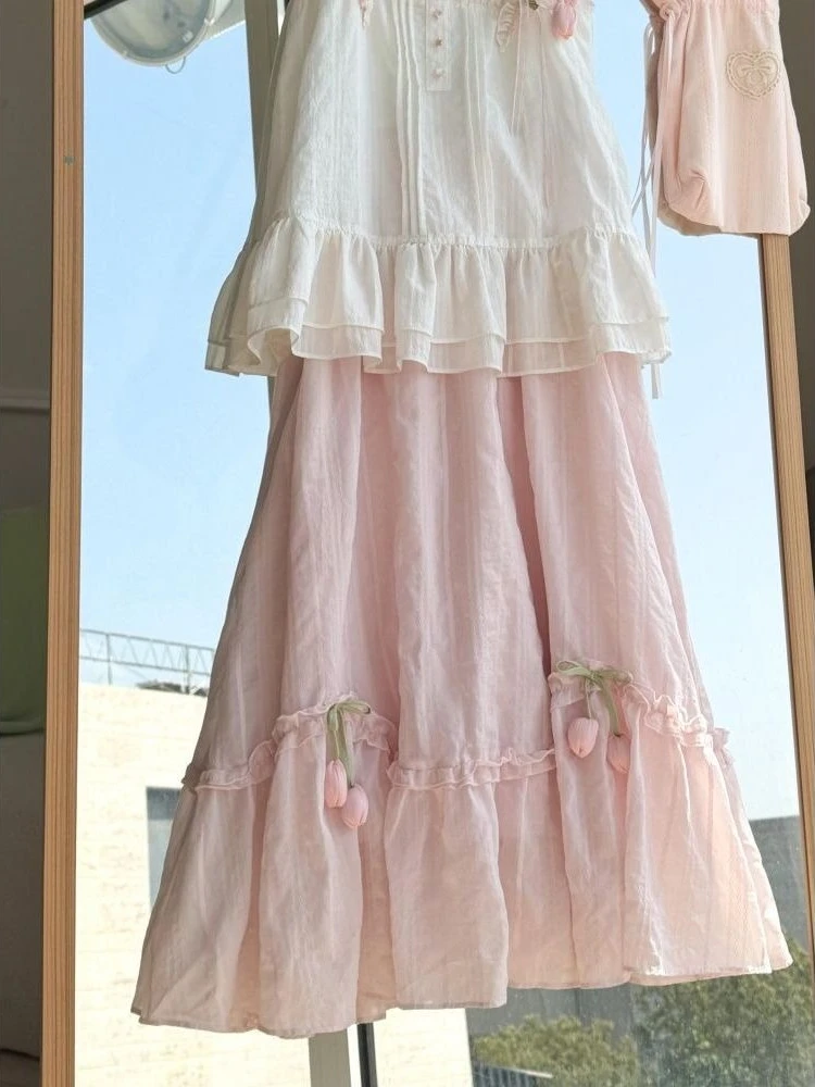 Sweet Kawaii Ruffle Trim Tulip Decor Two Piece Set Women White Pink Sleeveless Cami Top Tiered Midi Skirt Summer Dailywear Outfi view 4