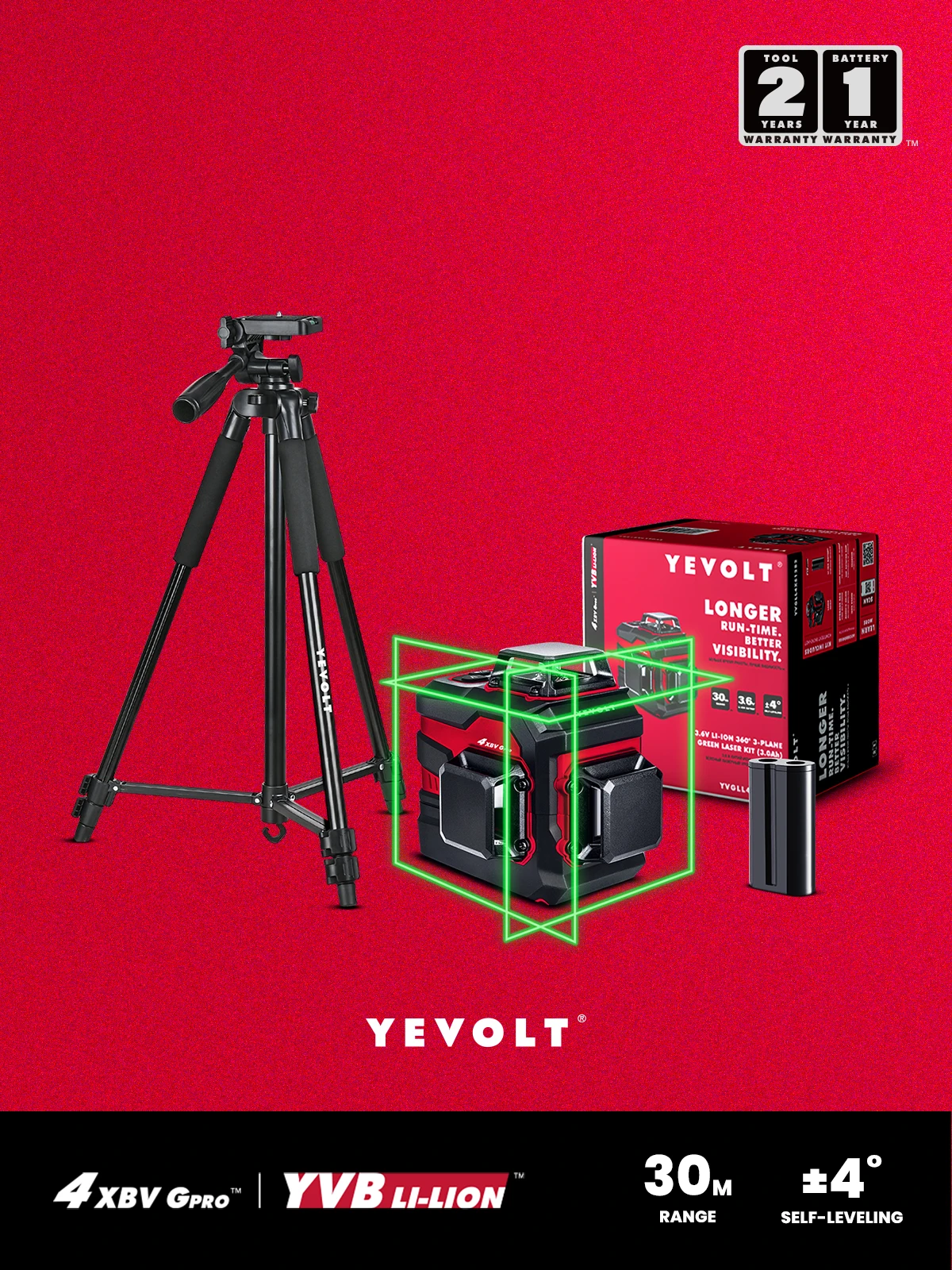 

YEVOLT TP-YVGLL4XS12 3-Plane Laser Level Green 3D 12-Line Self-Leveling with Tripod 3.6V Li-ion Battery High Visibility Tool