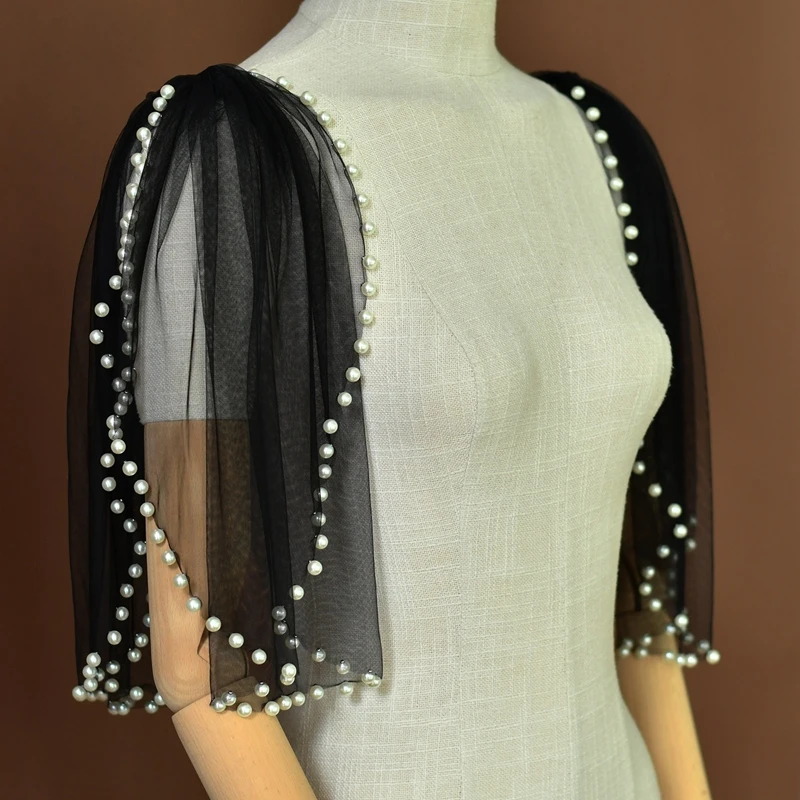 Gauze Pearl Short Tulle Shoulder Cape Fake Sleeves Bridal Wedding Evening Dress Decoration Arm Covering Shawl Wrap image 5