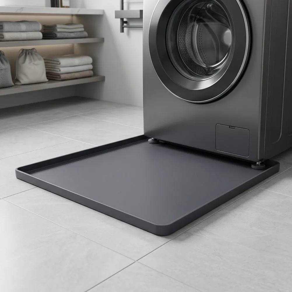Gray Silicone Washing Machine Tray Waterproof Floor Protector Raised Edge Design Tear Resistant Material Rough Non-Slip Bottom