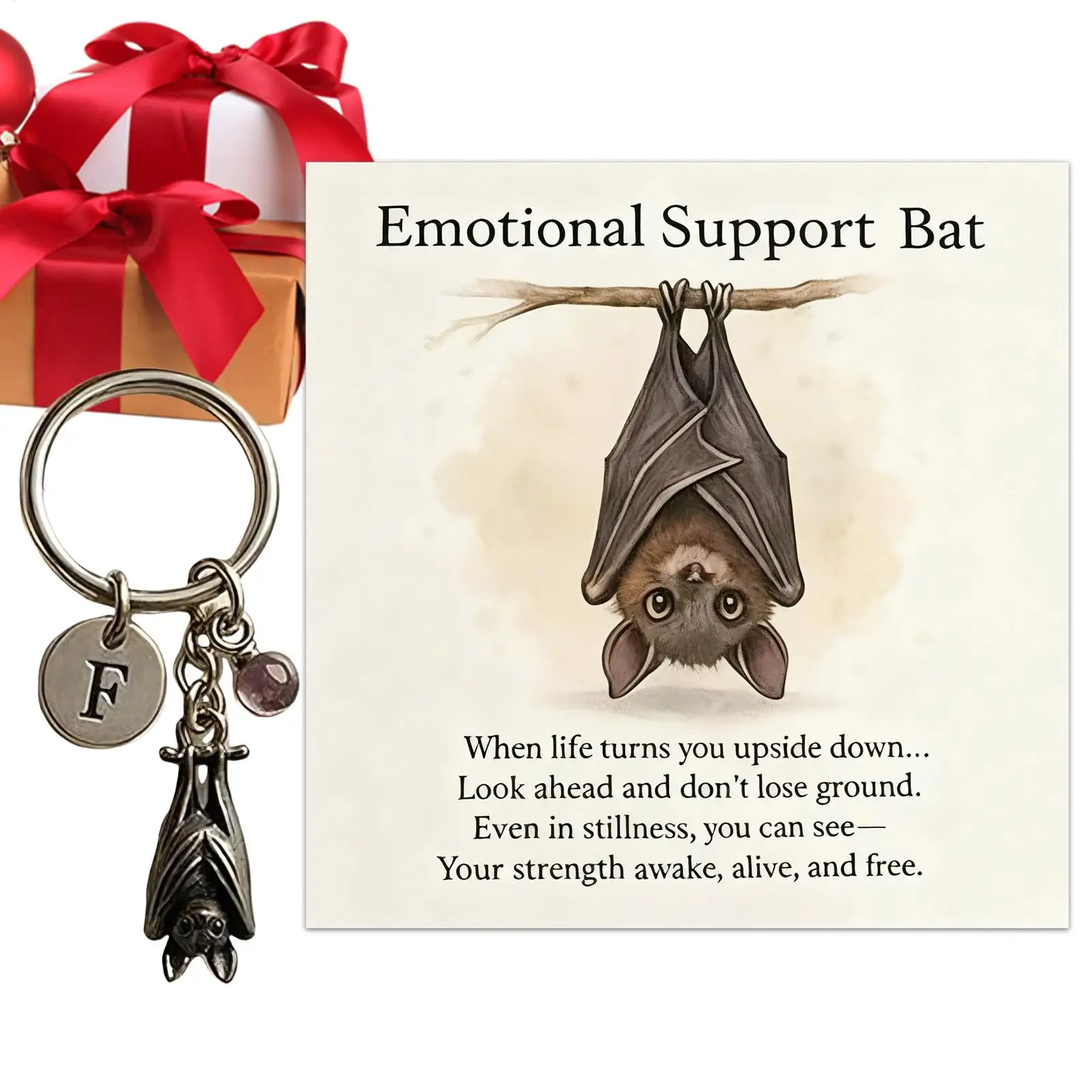 Bat Inspirational Keychain Emotional Suppor t Bat Keychain Metal Bat Pendant with Inspirational Poetry Card Bat Keyring Backpack