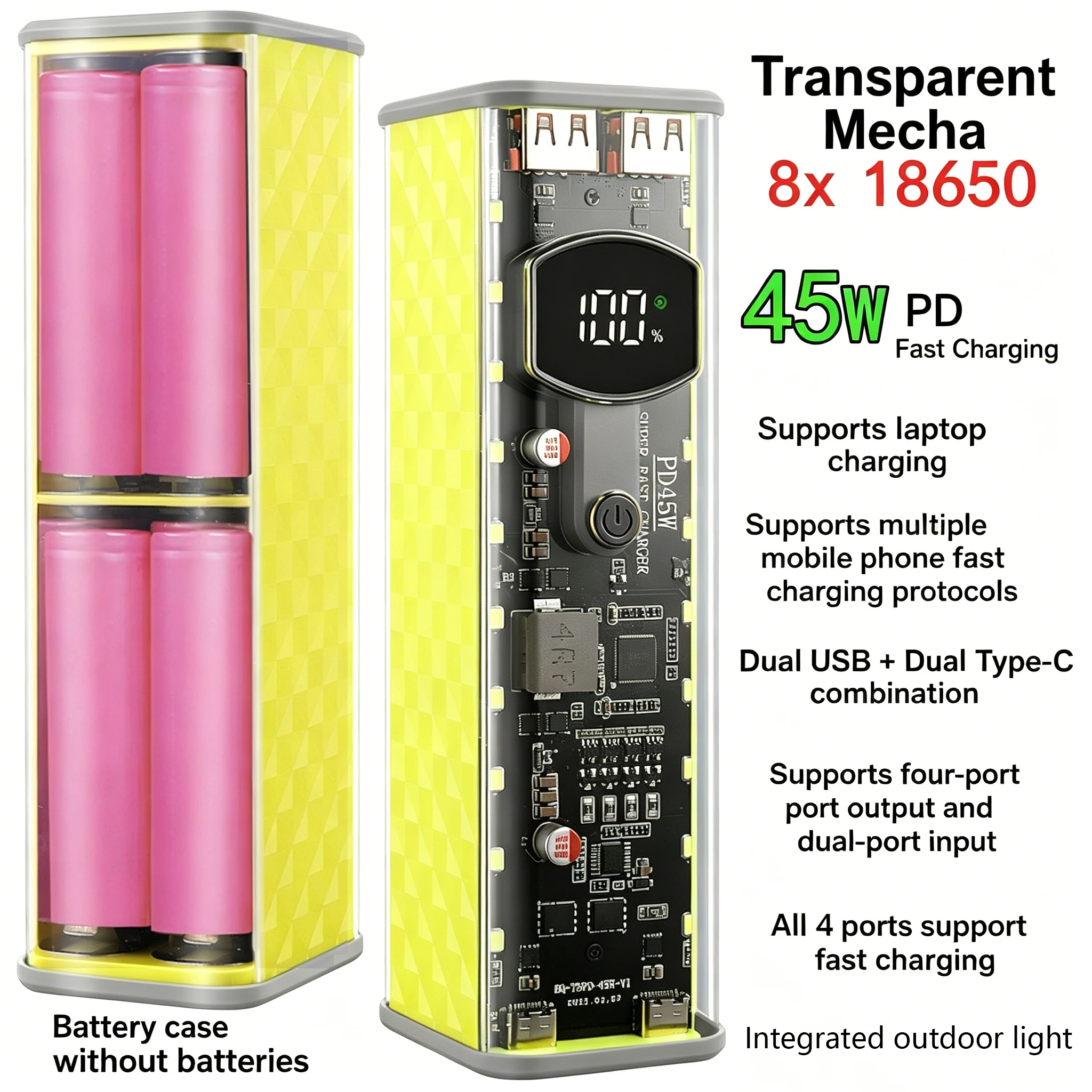 45W PD Super Fast Charging DIY Power Bank for Laptop 8x18650 Battery Case UFCS SCP VOOC QC Fast Charge Empty Shell No Battery
