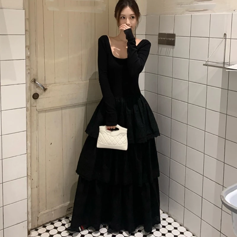 Autumn New Cake Midi Dresses for Women Solid Long Sleeve U-neck Backless A-line Korean Fashion Casual One Piece Vestidos Mujer