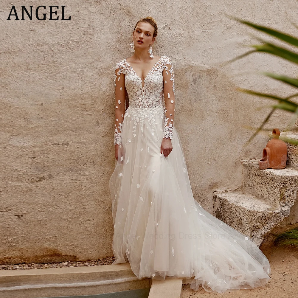 ANGEL Wunderschöne maßgeschneiderte Brautkleider für die Braut 2025, A-Linie, Illusion, Tüll, Applikationen, Knöpfe, Brautkleider, Vestidos De Noiva