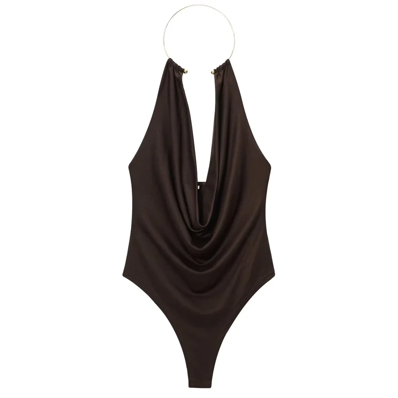 HXAO Halter Neck Bodysuits Sexy Summer Off Shoulder Bodysuit Women Brown Top Ruched Ring Backless Thong Bodysuit Woman One Piece image 2