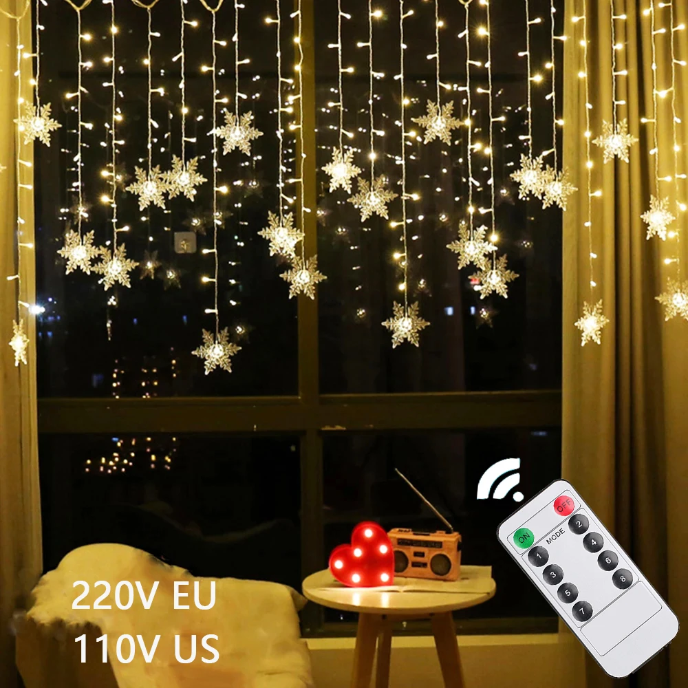 3.5M Christmas Light Led Snowflake Curtain Icicle Fairy String Lights Outdoor Garland For Home Party Garden New Year Decoration