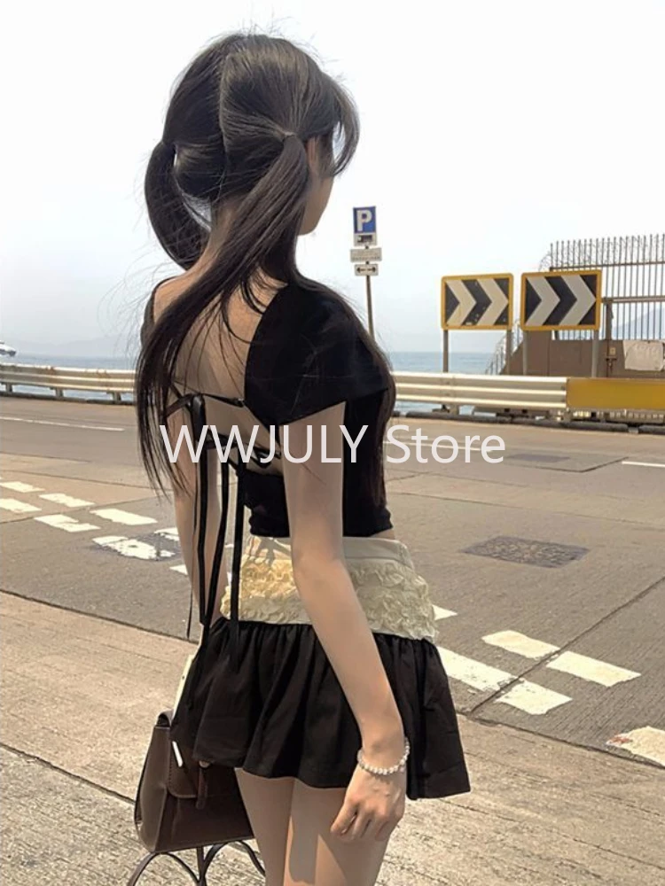 Summer Korean Fashion High Street Suit Black Short Sleeve T Shirt + Patchwork Slim Y2k Mini Skirt Outfits Elegant 2 Pieces Sets