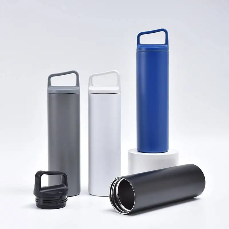 20oz Insulated Water Bottle with Sloping Handle Stainless Steel Thermos Flask Fits in Car Cup Holder for Sports, Travel, School