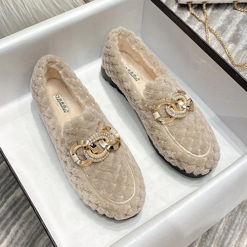 

Size 33-43 Brand Metal Chain Lambswool Mocasines Femme Fleeces Sneakers Winter Shoes Ladies Warm Wool Loafers Fur Flats Women