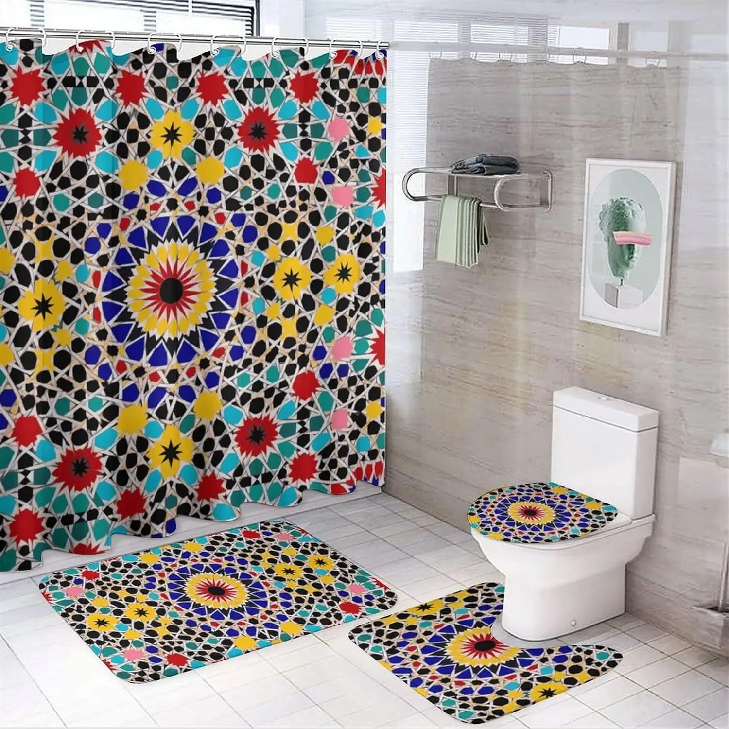 

Набор марокканских цветных занавесок для душа из 4 предметов с нескользящими ковриками, крышкой для унитаза и ковриком для ванной Мягкий ковер для ванной Водонепроницаемая летучая мышь