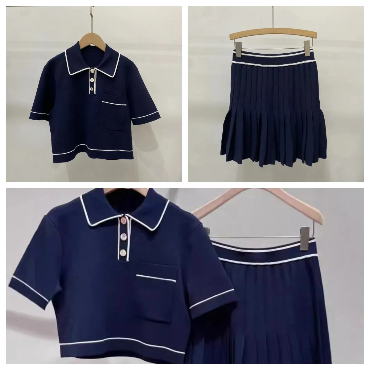 

Women Solid Color Set Short Sleeve Splices Buttons Pocket Pullover Knitwear Top + A-Line Mini Skirt for Ladies