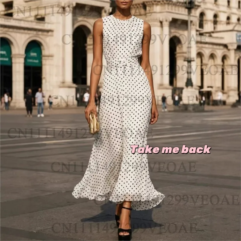 

Элегантные женские платья макси в горошек с квадратным вырезом, длинные вечерние платья с подолом «лотос», шикарные летние платья без рукавов с завышенной талией для женщин