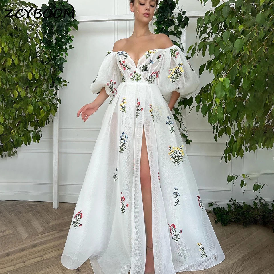 

Sexy White Flower Embroidery A-Line Evening Dress 2024 Off Shoulder Puffy Sleeves Sweetheart Floor Length Women Party Prom Gowns