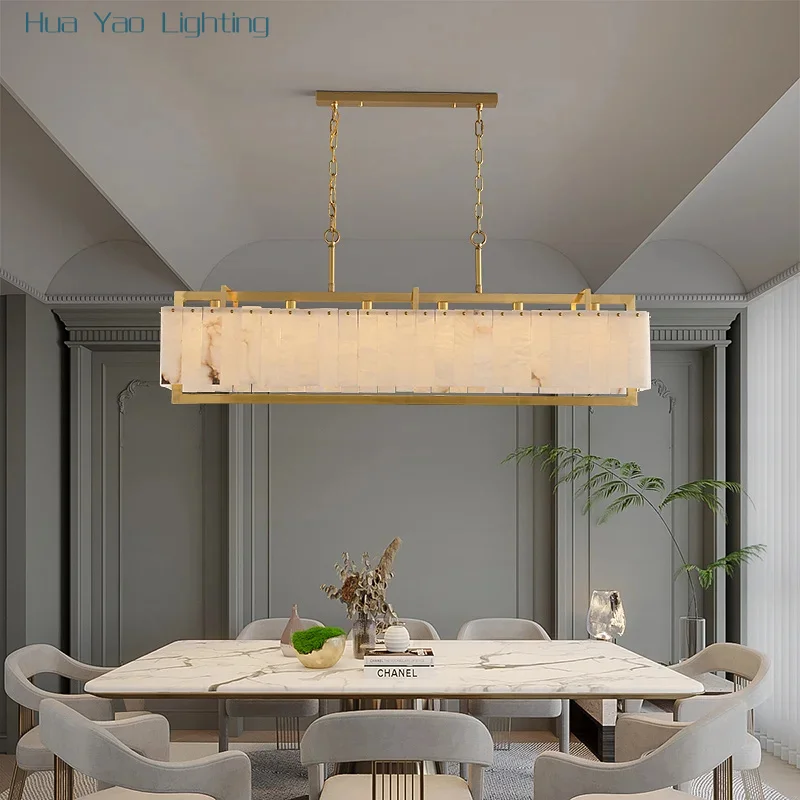 

Nordic Style Living Dining Room Designer Brass Pendant Lights Modern Villa Duplex Long Dining Table Marble Chandelier Lamp