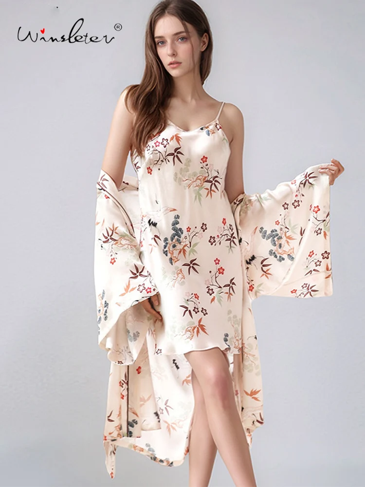 

Winsleter-16MM 100%Real Silk Elegant Night-robe Set, Women 3/4 Sleeve Print, Sexy Retro Robe Sling Dress, 2025 Summer S57474CC