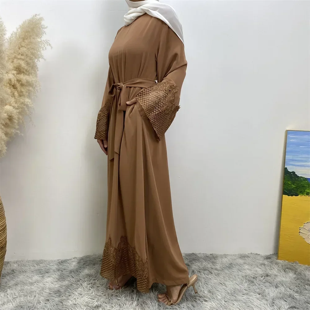 Abaya marocain de dubaï, couleur unie, broderie, manches longues, ample, robe arabe du Ramadan pour femmes musulmanes, robes à lacets, 2023