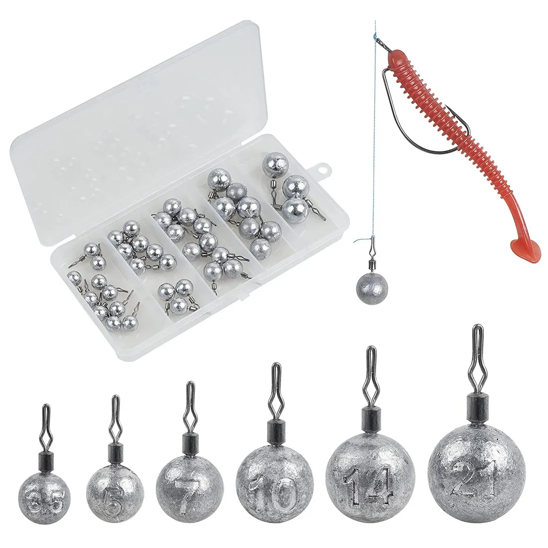 Fishing Weights Drop Shot Sinker Rig Kit 40PCS Casting Saltwater Round Shaped Cannonball Sinker for Bass Fishing with Tackle Box