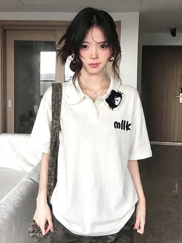 

American High Street Embroidered Neck Short Sleeve T-Shirt Women Loose Design Casual Top Summer Cotton Casual Style
