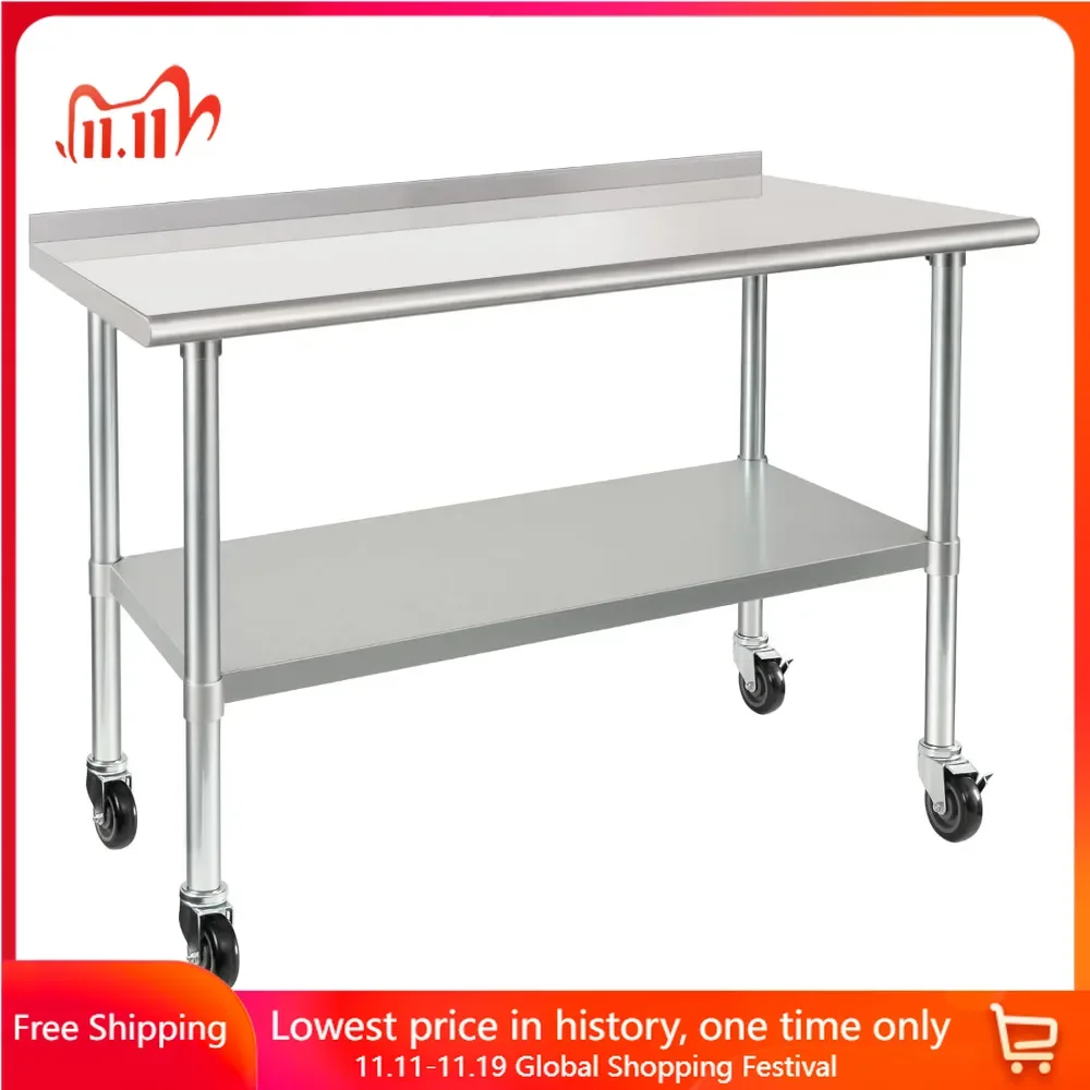 

Stainless Steel Table 24 x 48 Inches with Wheels Casters NSF Heavy Duty Commercial Prep Table with 2” Backsplash and Adjustable