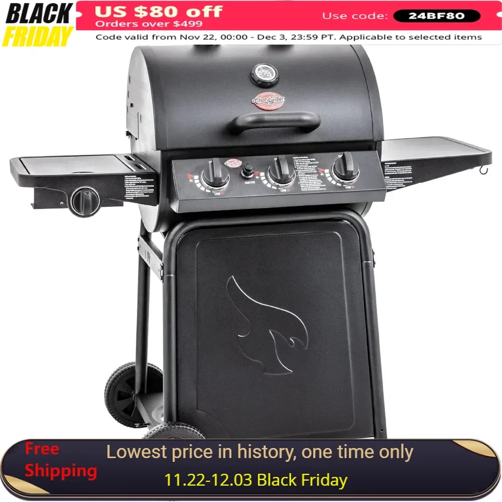 3-Burner Propane Gas Grill in Black with 40,800 BTU, Cast Iron Grates and Warming Racks, 630 Cooking Square Inches,