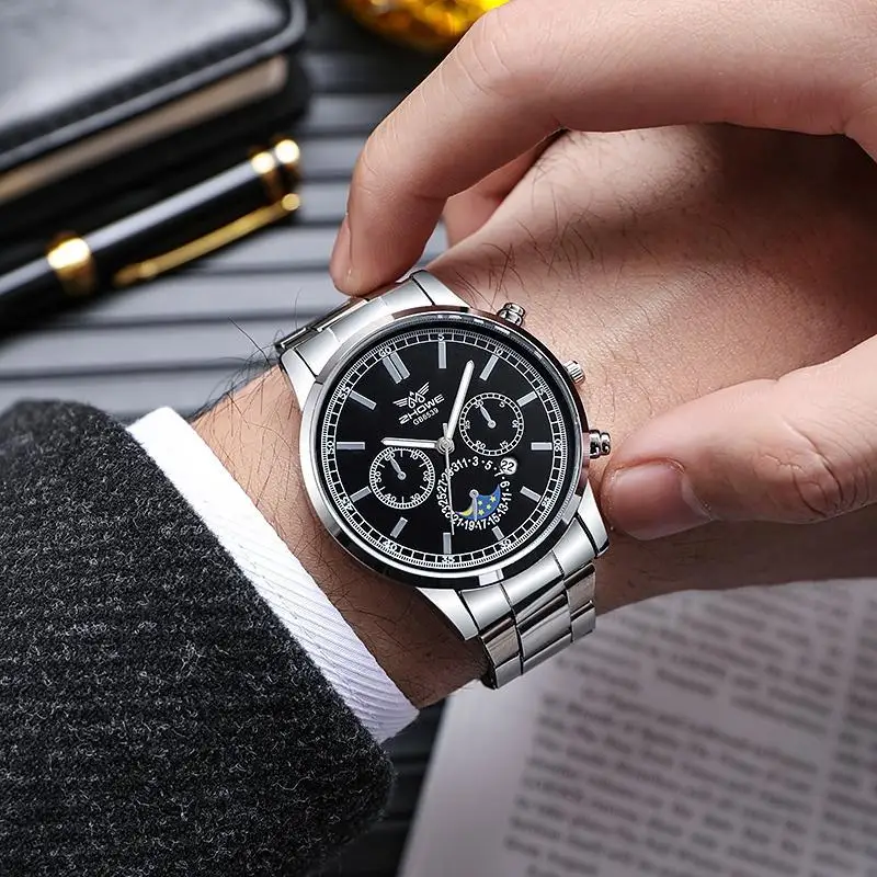 Luxury Men's New Explosive Fashion Trend Business HIGH-TECH Fake Three-eye Calendar Quartz Steel Belt Watch relogio masculino