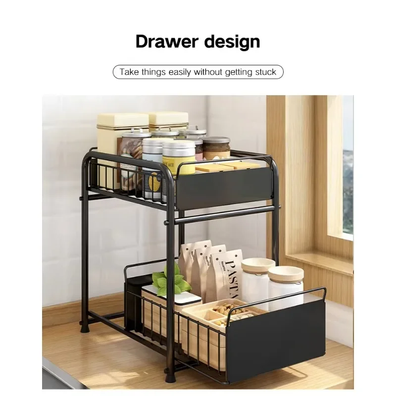 Kitchen Under Sink Organizer Rack Double Layer Drawer Iron  Pull Type Kitchen Storage Shelf Top Finishing Spice Holder