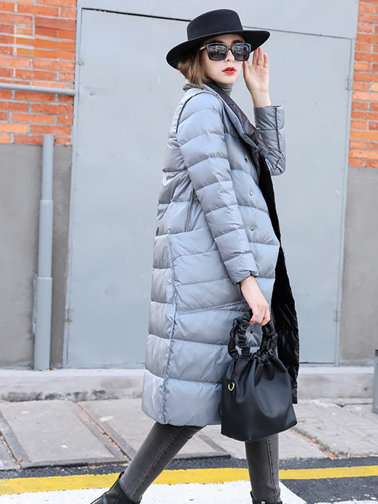 Chaqueta de plumón de pato blanco para mujer, abrigo largo y grueso de doble cara, Parka cálida de doble botonadura, prendas de vestir para