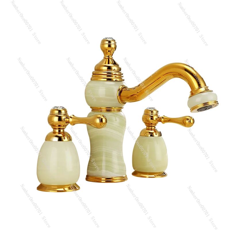 European-Style Copper Natural Jade Three-Hole Hot and Cold Water Faucet Split Marble Basin Gold