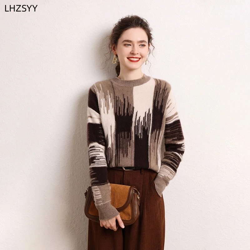 LHZSYY Ladies 100% Merino Wool Pullovers Winter O-Neck Color Sweater Loose Large size Thick Tops Fashion New Knit Cashmere Shirt