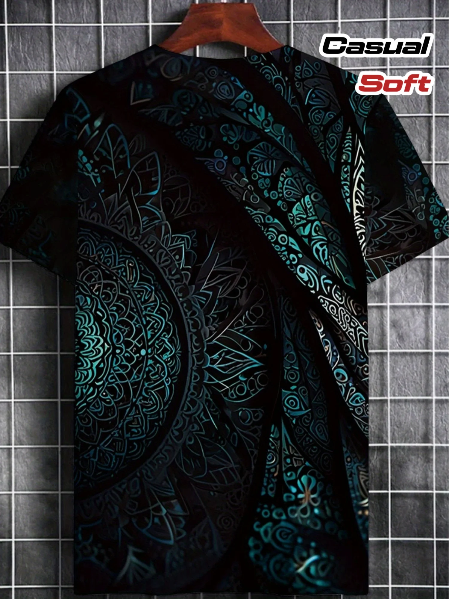 Men Vintage Teal Mandala Floral Pattern Print Crew Neck T-shirt Summer Soft Short Sleeve Casual Fashion Top