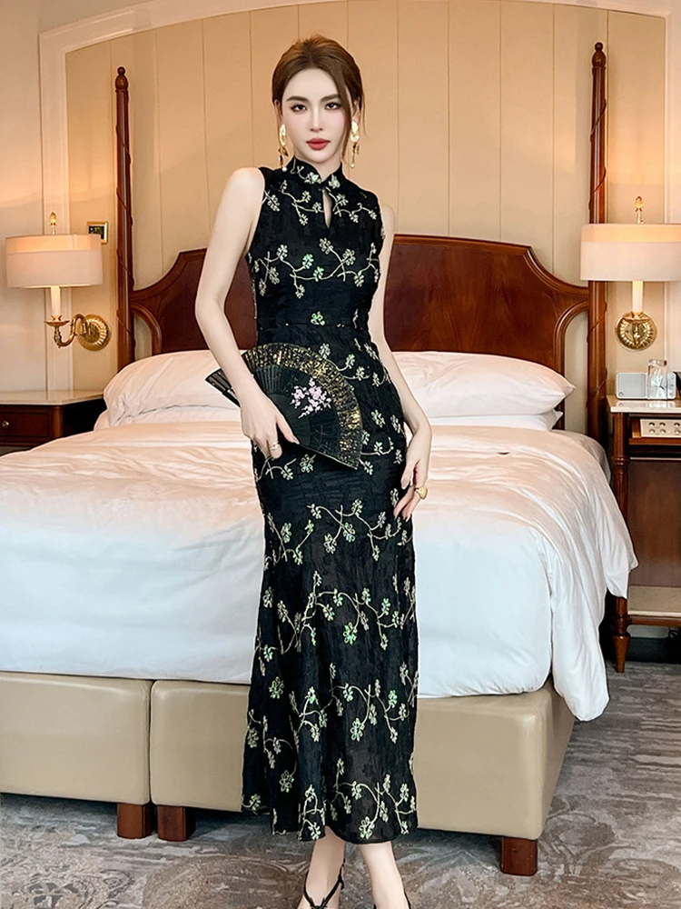 Elegant Vintage Qipao Dress Women Clothes Celebrity Embroidered Sequin Backless Long Fishtail Robe Party Vestidos Cheongsam Lady