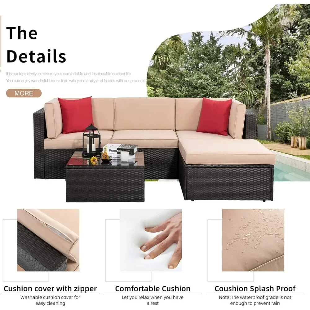 5 Pieces Patio Furniture Sets Outdoor All-Weather Sectional Patio Sofa Set PE Rattan Manual Weaving Wicker Patio