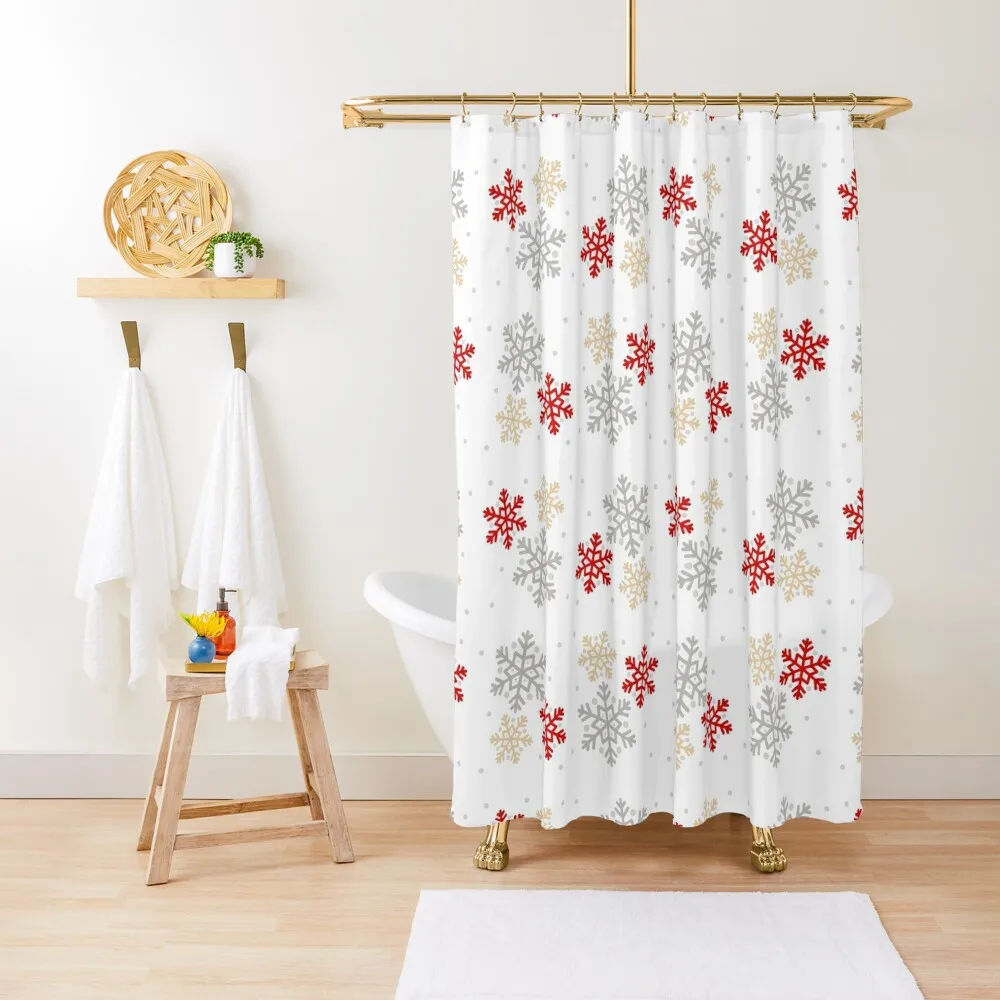 

Christmas Red, Gold, Silver Gray Snowflakes Shower Curtain Modern Bathroom Accessories Cover Bathroom Accessories Curtain