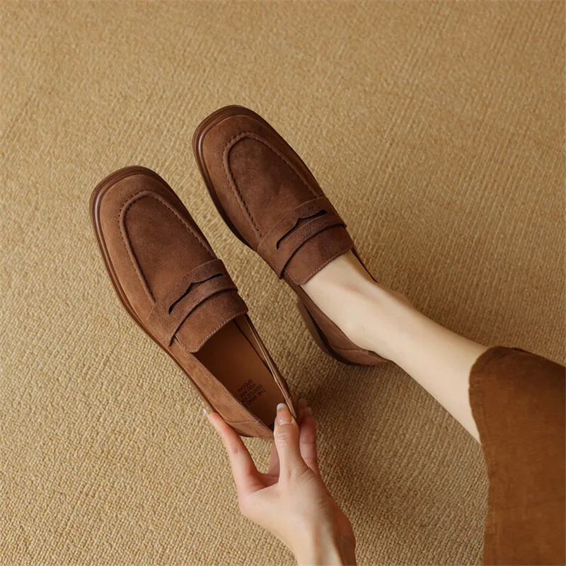 2024 Spring Sheep Suede Women Shoes Round Toe Chunky Heel Women Pumps Shoes for Women Deep Mouth Loafers Low Heels Ladies Shoes