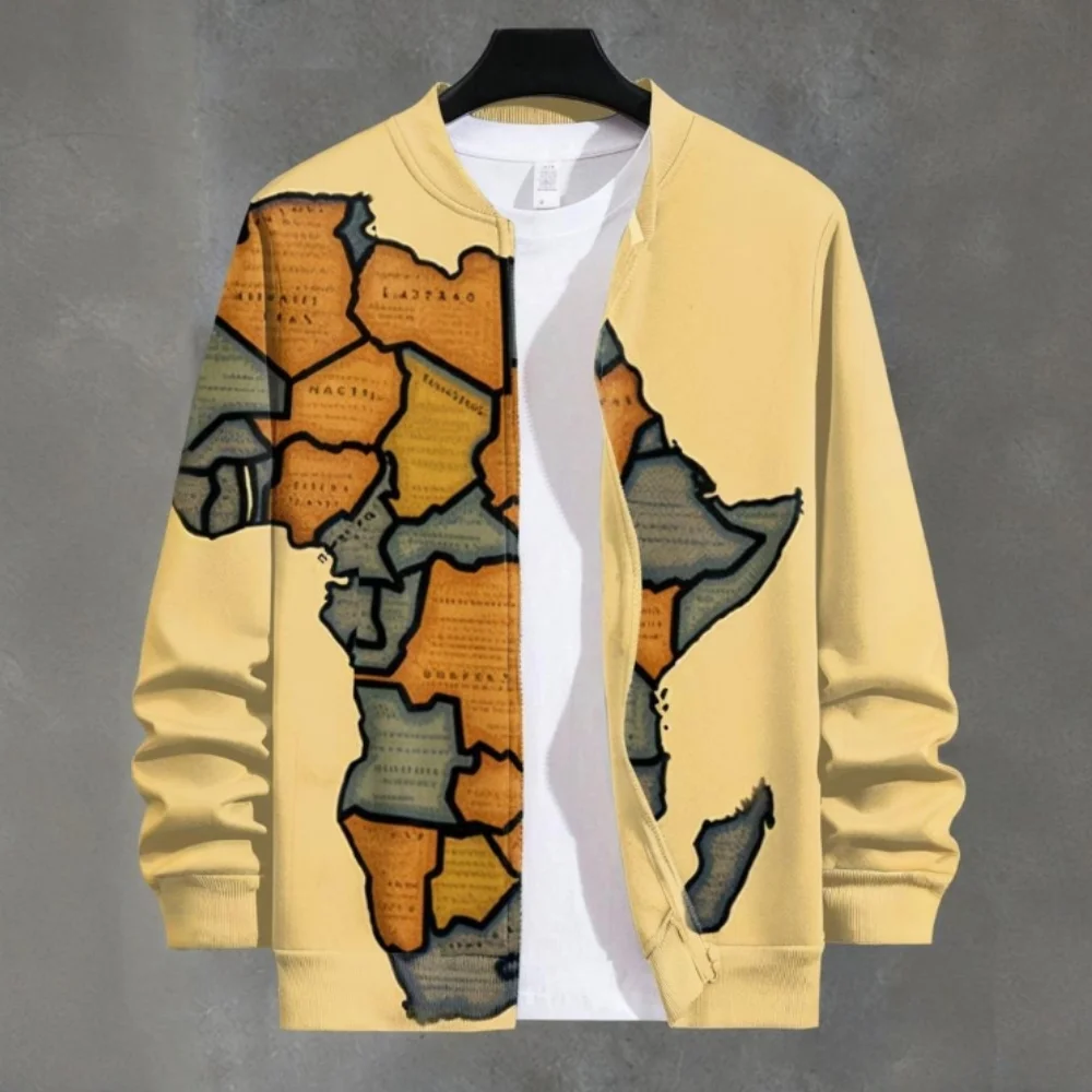 Men's Hoodies Ethnic Pattern Map Color Block Art Printing Sweatshirts Casual Zip Up Jacket Pullover Unisex Clothing Tops Hooded