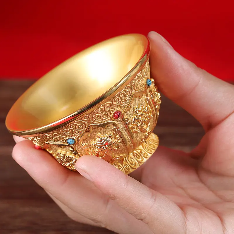 Tibetan Gilt Holy Water Cup Offering Water Bowls Tantric Eight Auspicious Bowls Zen Buddhist Temple Supplies & Altar Decor