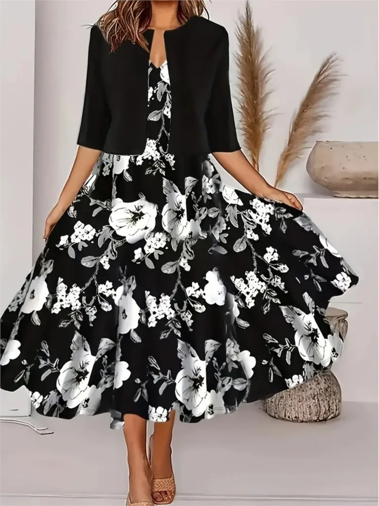 Casual V-neck Sleeveless Floral Print Long Dress For Women Half Sleeve Short Cardigan Suit Loose Midi Dresses Elegant Sets