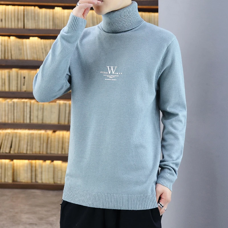 2022 Autumn Trend Men's Turnable Turtleneck Knitted Sweater Casual Slim Text Printing Solid Color Long-sleeved Top