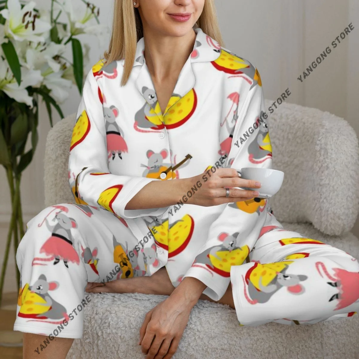 

Женская одежда для сна, домашняя одежда, милые крысы, мыши, рубашка с длинными рукавами и лацканами на шее и брюки с эластичной резинкой на талии, пижамный комплект