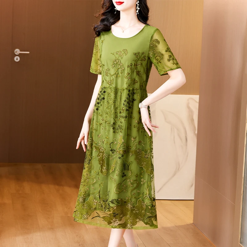 2024 Summer New Silk Mesh Embroidered O-Neck Dress Women's Lace Hollow Black Short Sleeves Loose Size Knee Length Dress